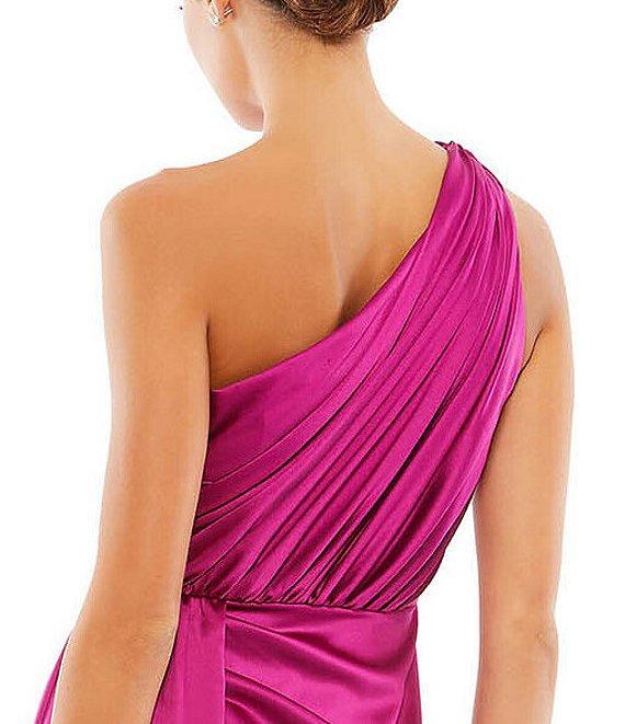 Mac Duggal Sleeveless Pleated One Shoulder Thigh High Slit Satin A-Line Gown Product Image