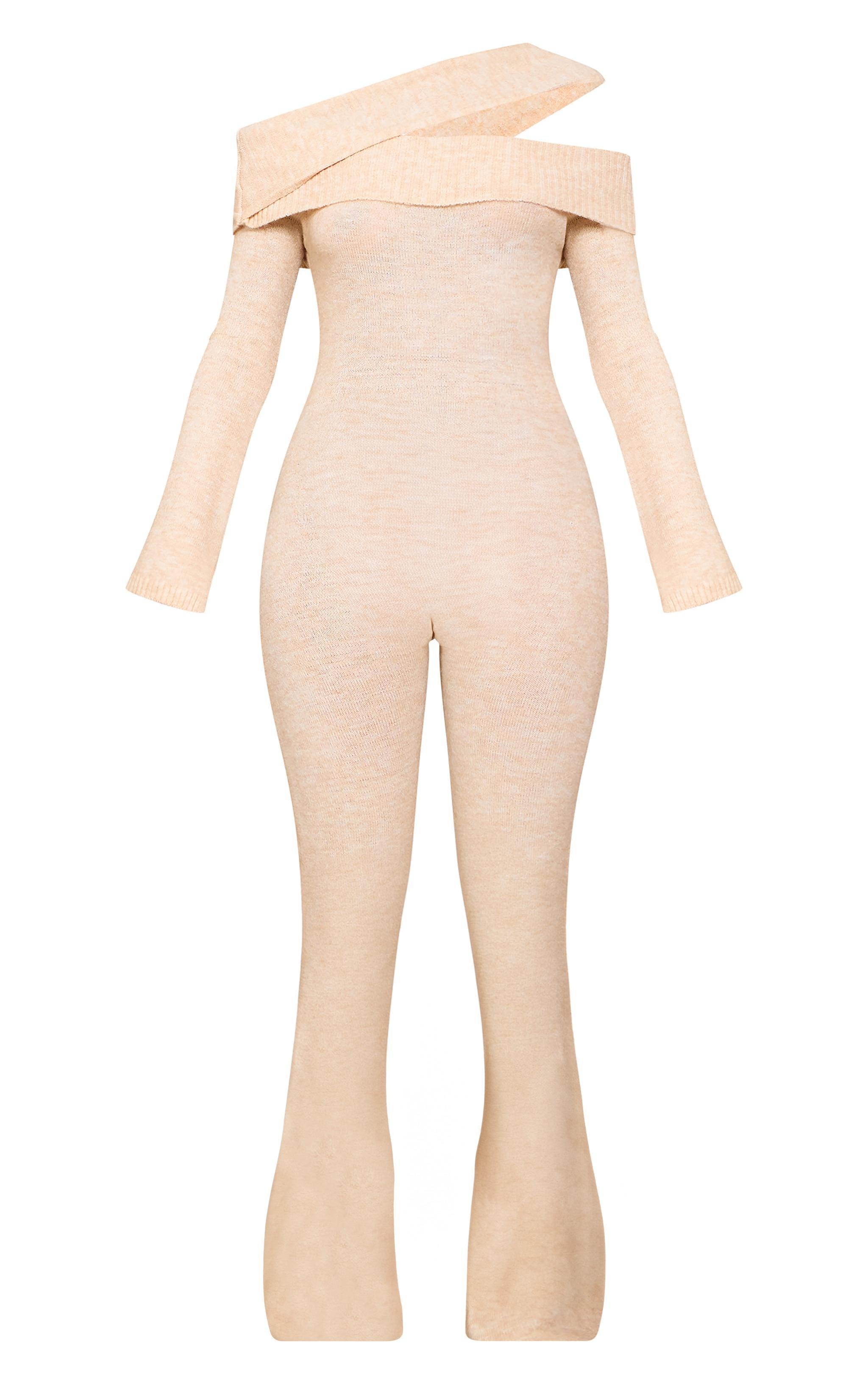 Tall Oatmeal Soft Knit Bardot Foldover Asymmetric Neck Jumpsuit Product Image