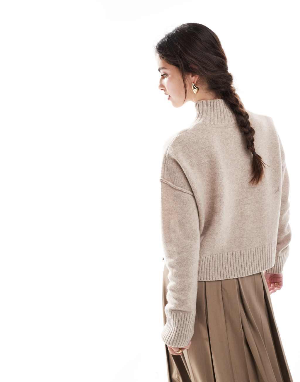 ASOS DESIGN cropped turtleneck sweater in lambswool blend in taupe Product Image