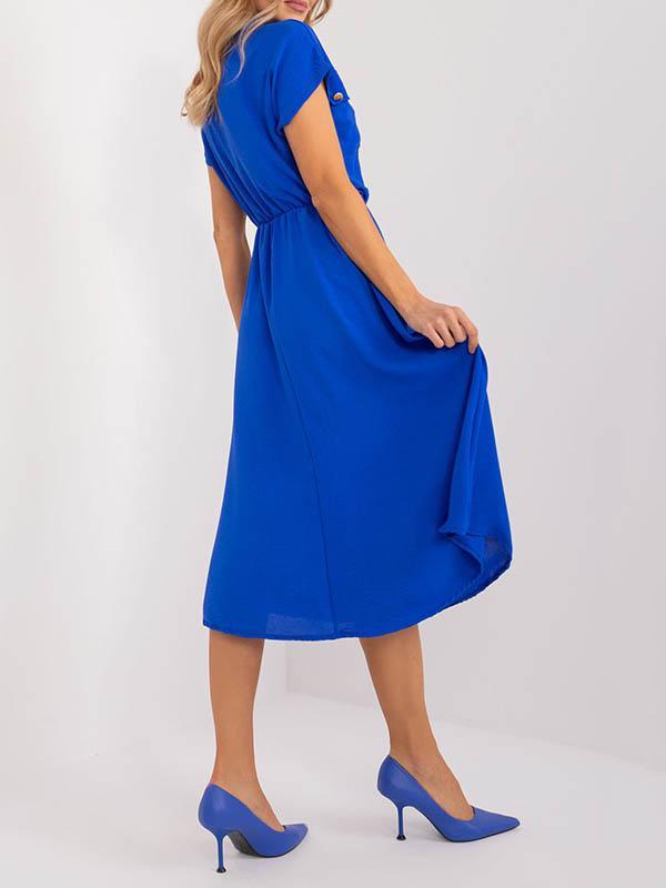 A-Line High Waisted Buttoned Pleated Solid Color Lapel Midi Dresses Product Image