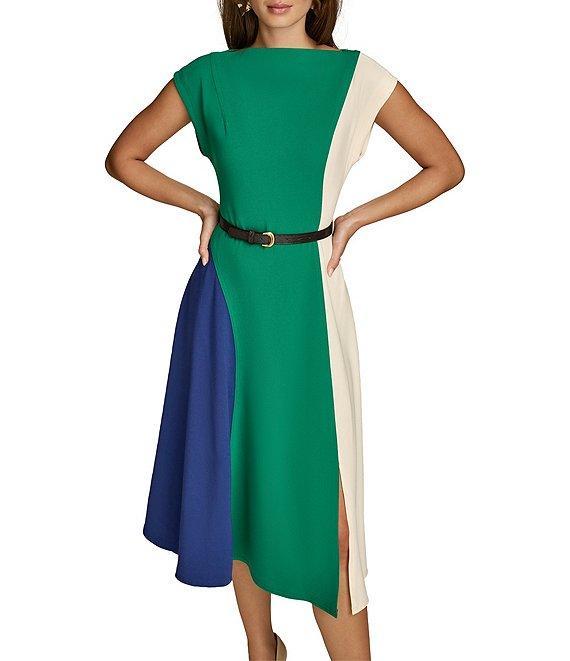 Donna Karan Color Block Boat Neck Cap Sleeve Belted Cady Crepe A-Line Midi Dress Product Image