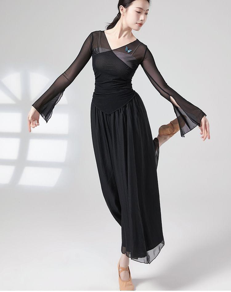 Flared-Sleeve Butterfly Embroidered Dance Top Product Image