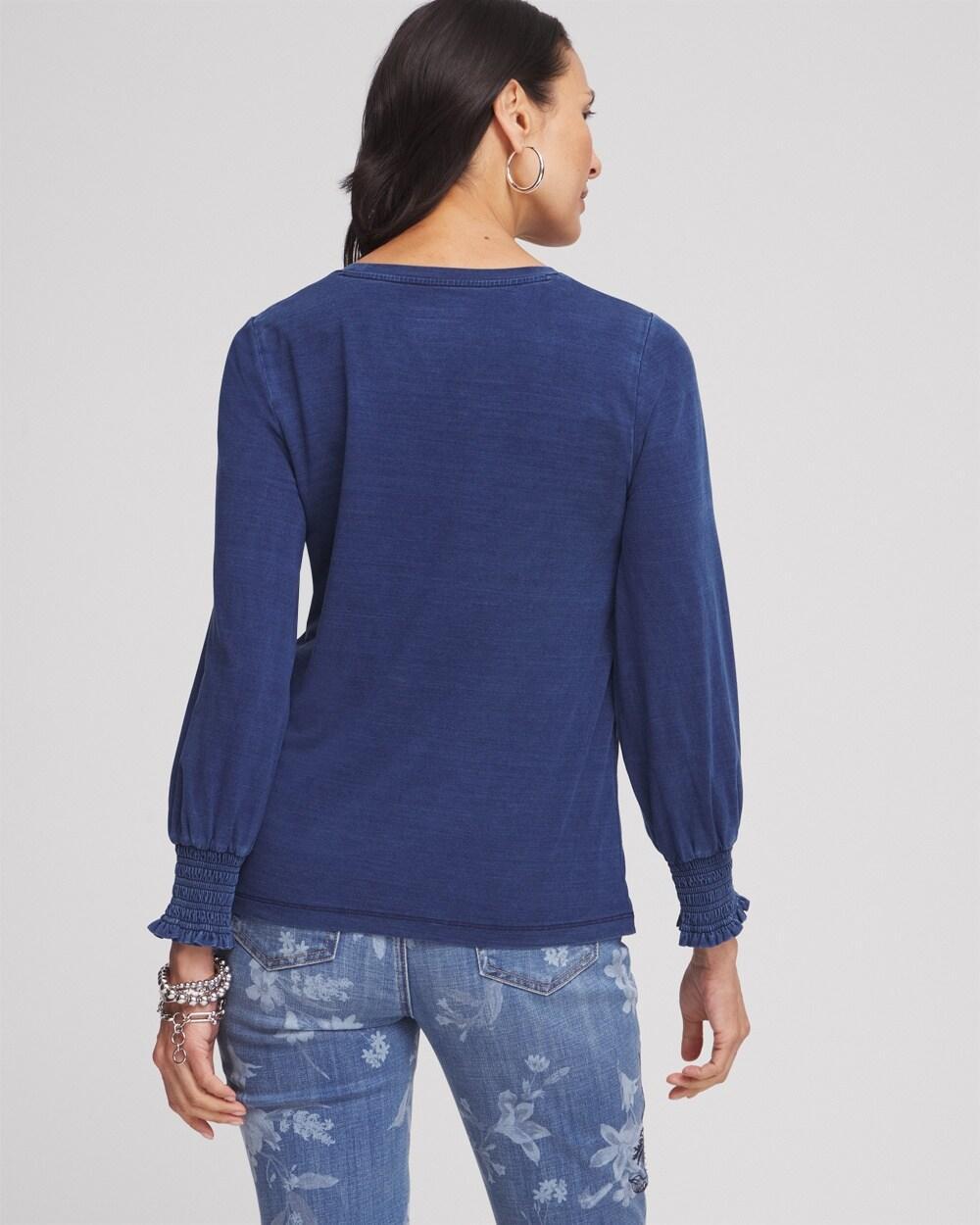 Faux Denim Smocked Sleeve Tee Product Image