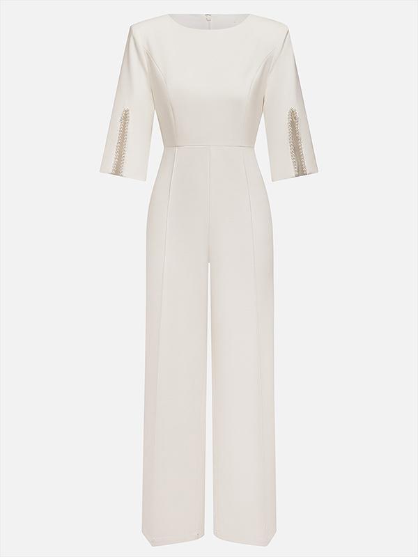 Loose Solid Color Split-Joint Round-Neck Jumpsuits Product Image