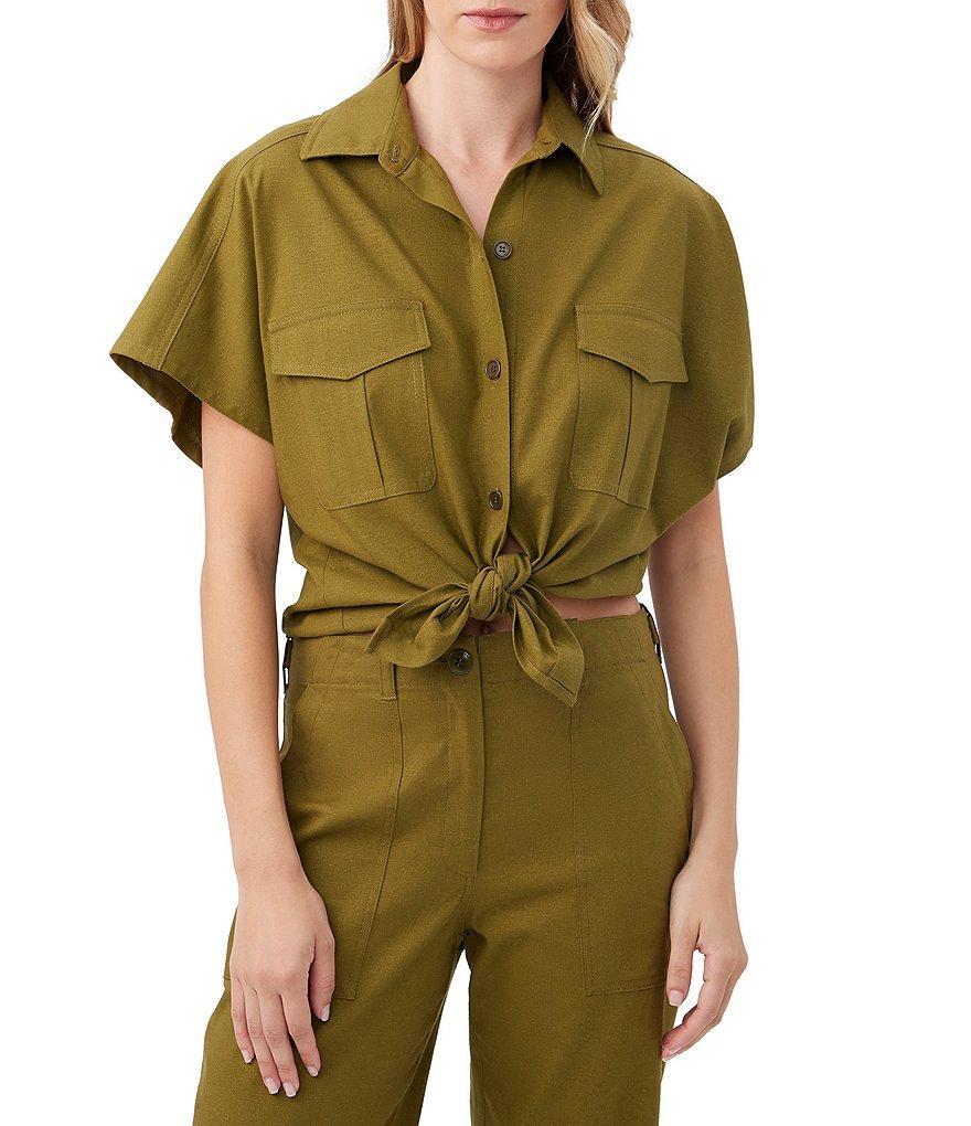 Trina Turk Vara Linen-Blend Point Collar Short Sleeve Cargo Pocket Coordinating Button Front Top Product Image