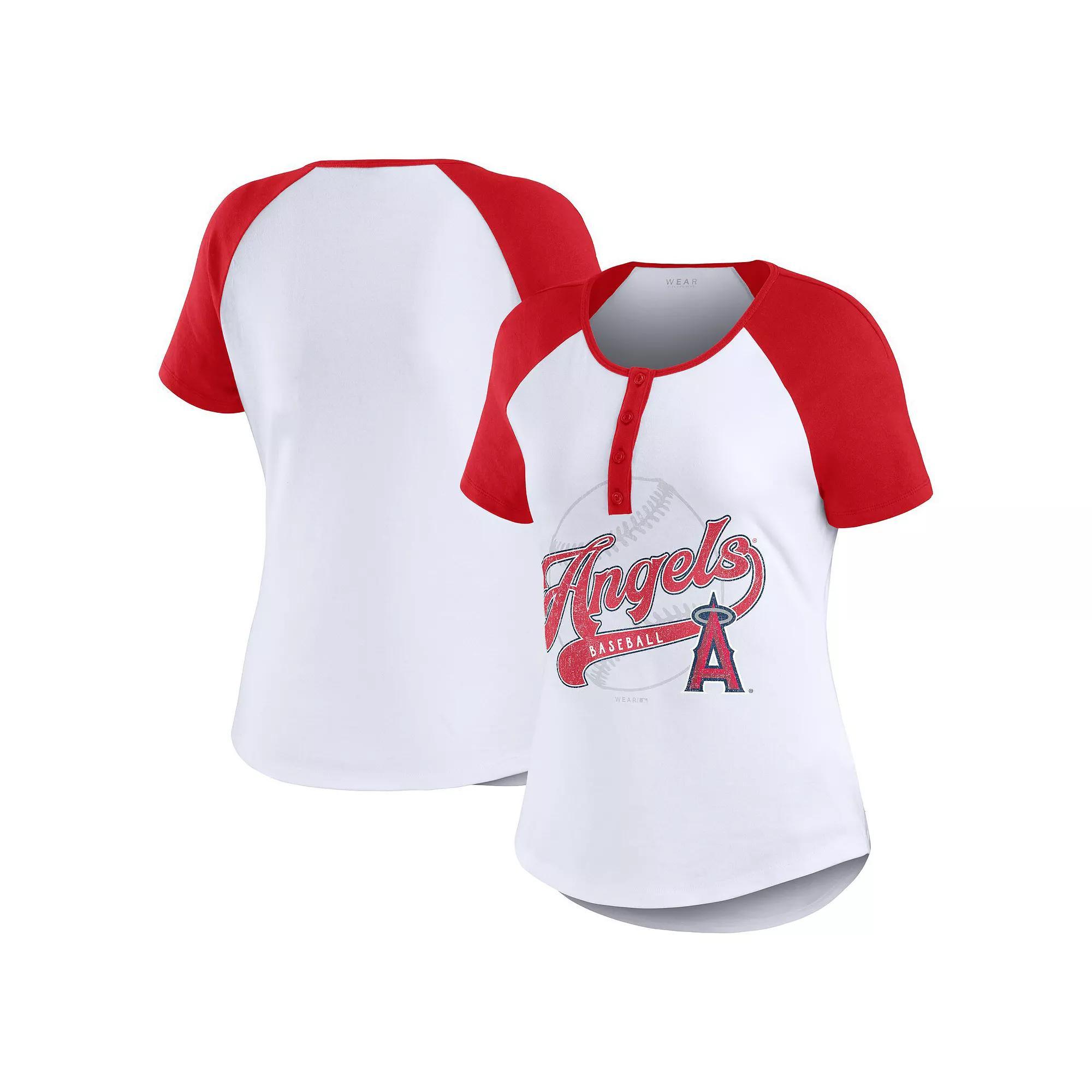 Women's WEAR by Erin Andrews White/Red Los Angeles Angels Henley Raglan T-Shirt, Size: XL Product Image