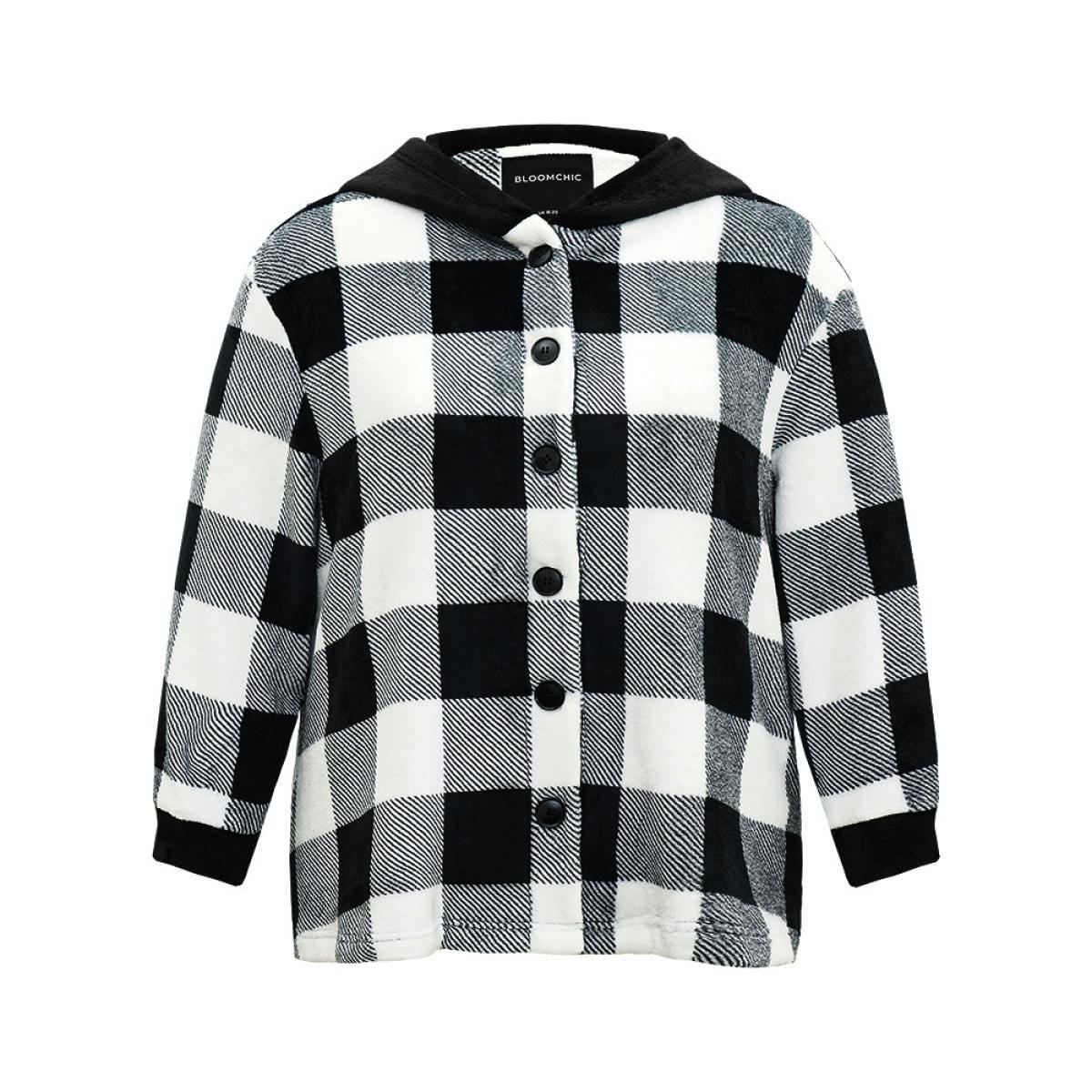 Plus Size Plaid Button Through Patchwork Hooded Jacket Women Black Casual Contrast Ladies Dailywear Winter Coats BloomChic 14-16/1X Product Image