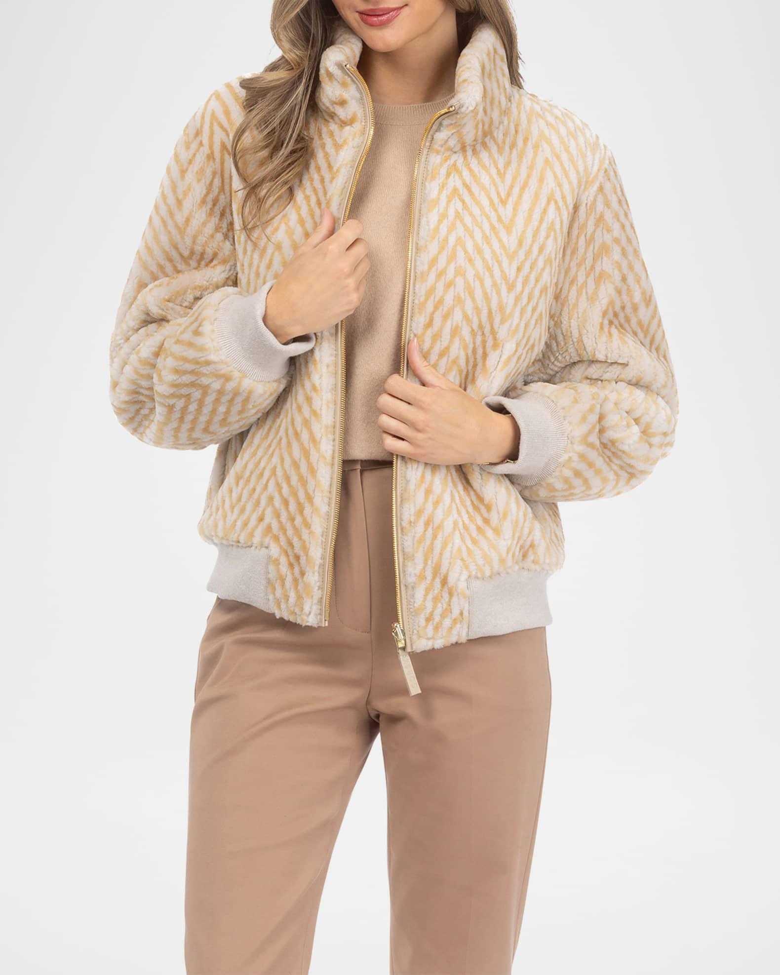Reversible Chevron-Print Grooved Shearling Lamb Bomber Jacket Product Image