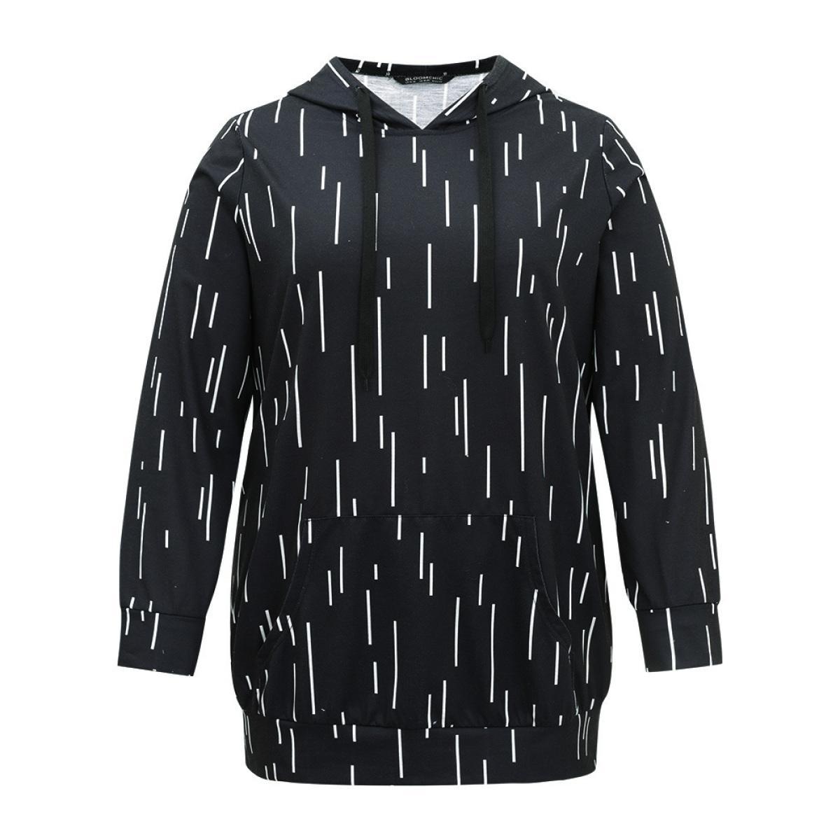 Plus Size Striped Asymmetrical kangaroo pocket Hooded Sweatshirt Women Black Casual Printed Hooded Dailywear Sweatshirts BloomChic 30/6X Product Image