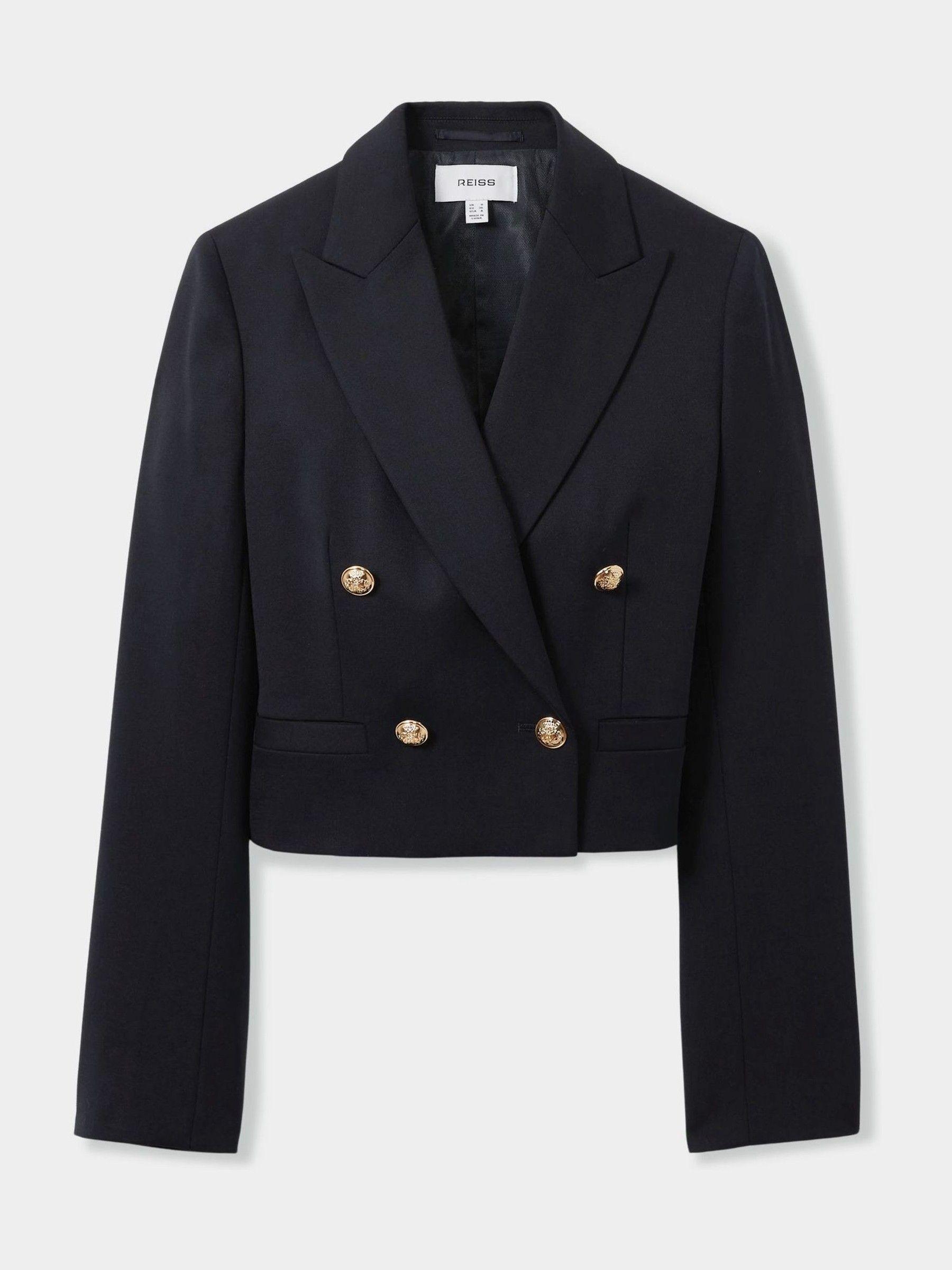 Cropped Wool-Blend Double-Breasted Blazer in Navy Product Image