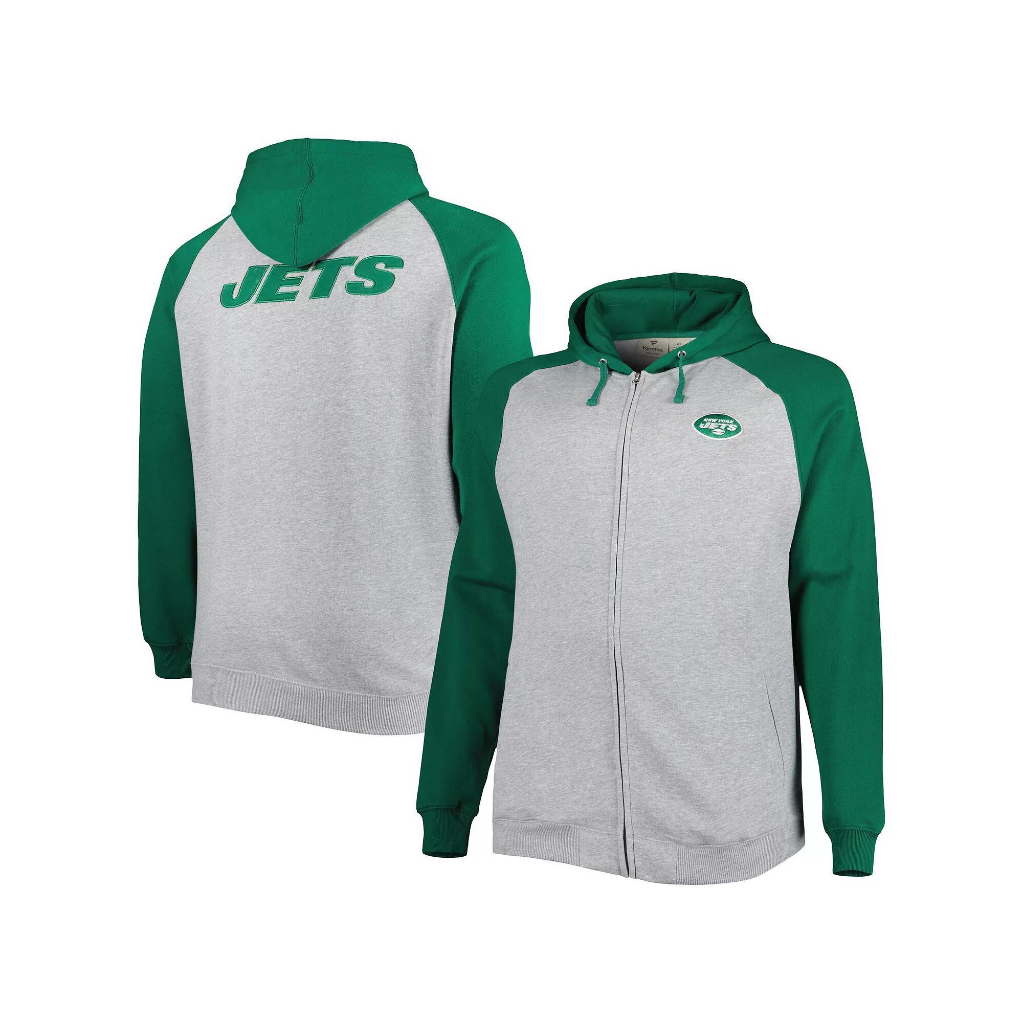 Men's Heather Gray New York Jets Big & Tall Fleece Raglan Full-Zip Hoodie Jacket, Size: 2XB, Grey Product Image
