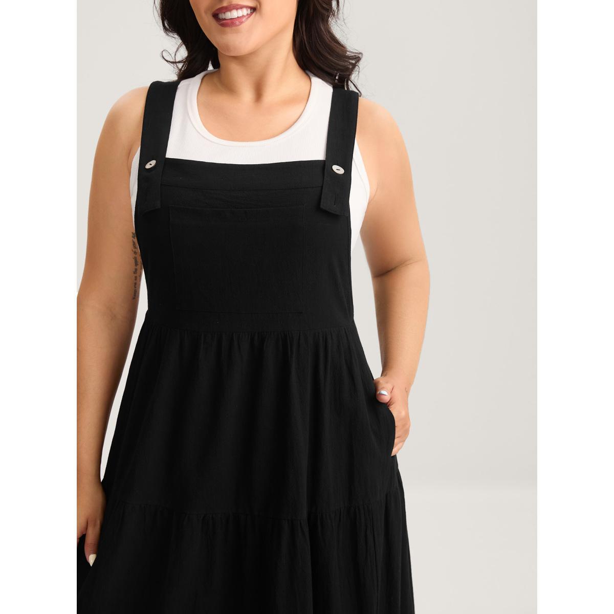 Plus Size Pure Cotton Diagonal Pockets Midi Dress Black Women Leisure Square Neck Sleeveless Curvy BloomChic 12/L Product Image
