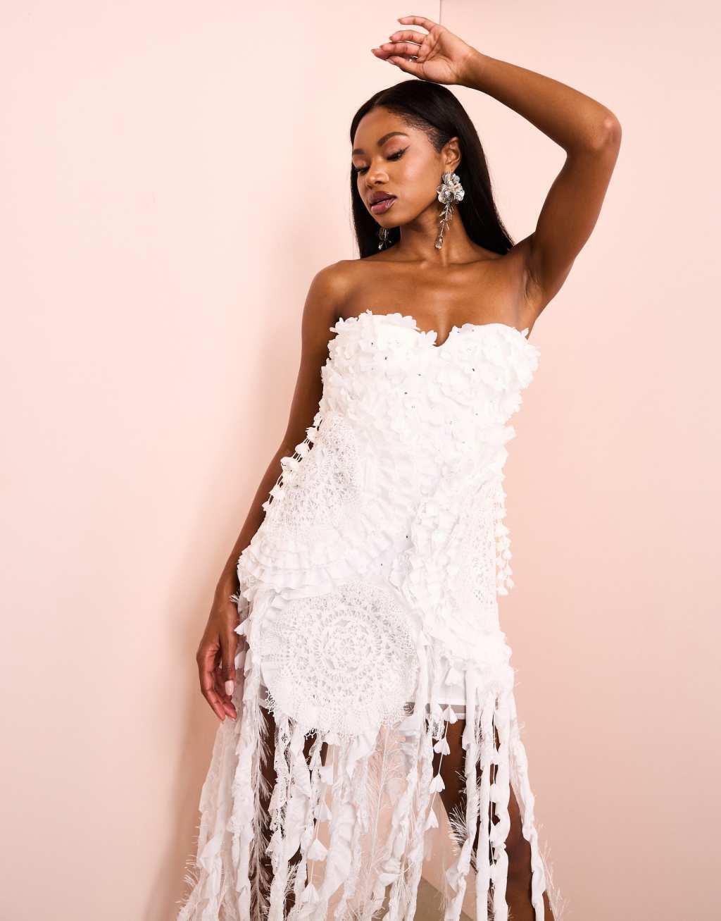 ASOS LUXE 3D floral embellished ruffle bandeau dress in white Product Image