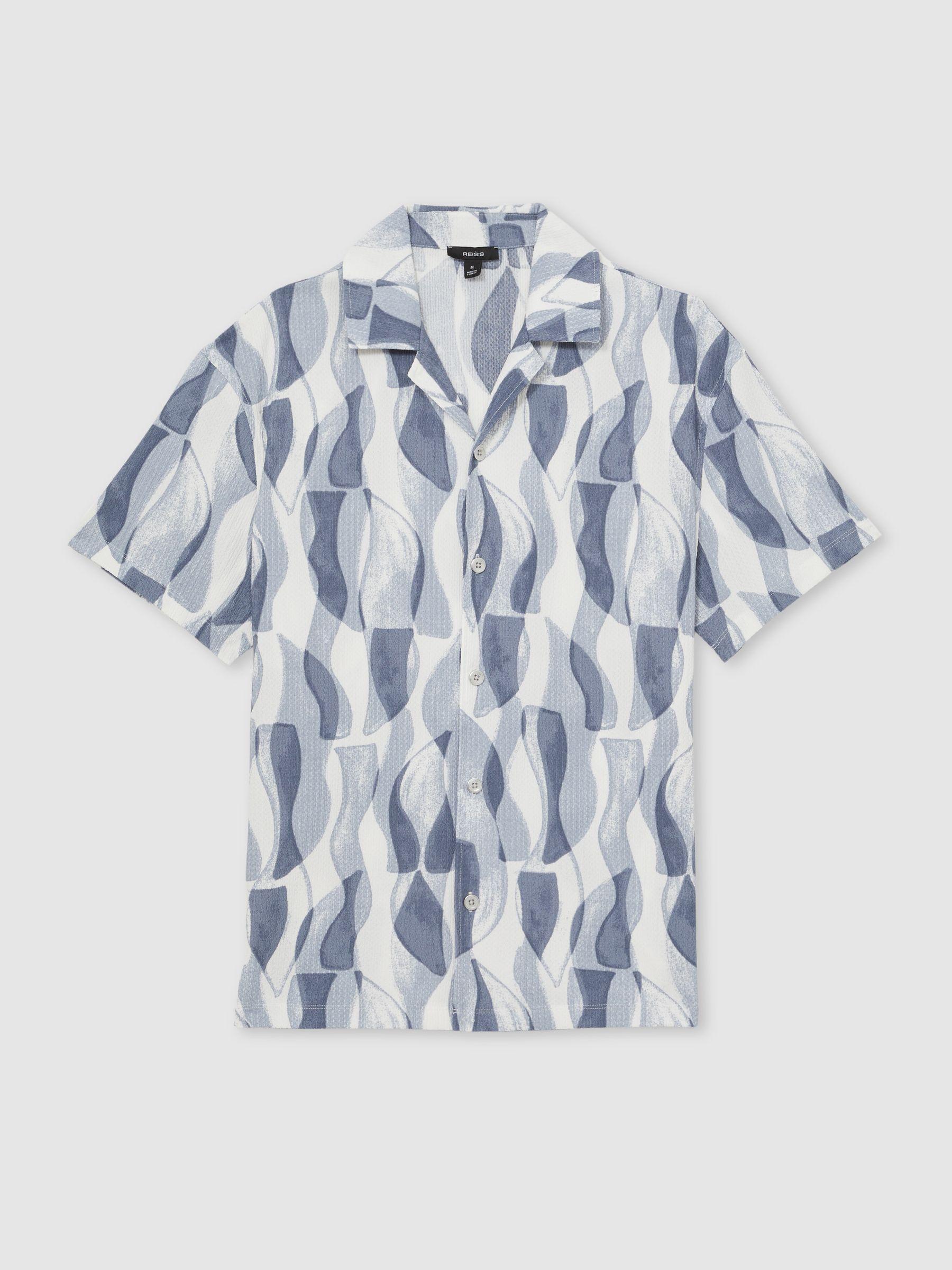 Printed Textured Cuban Collar Shirt in Soft Blue Product Image