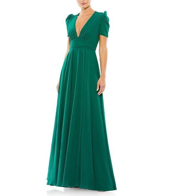 Mac Duggal Plunge V-Neck Ruched Puff Short Sleeve Gown Product Image