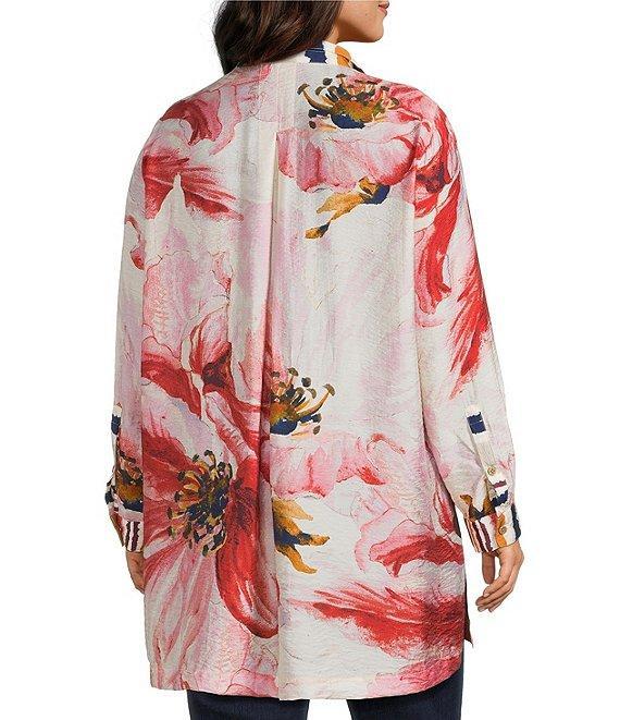 John Mark Plus Size Floral Wire Collar Long Roll-Tab Sleeve Hi-Low Hem Button-Front Tunic Product Image