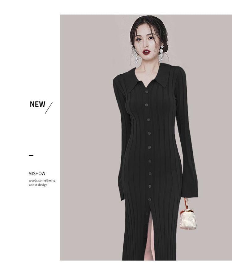 Long Sleeve Collared Plain Ribbed Knitted Midi Bodycon Dress Product Image