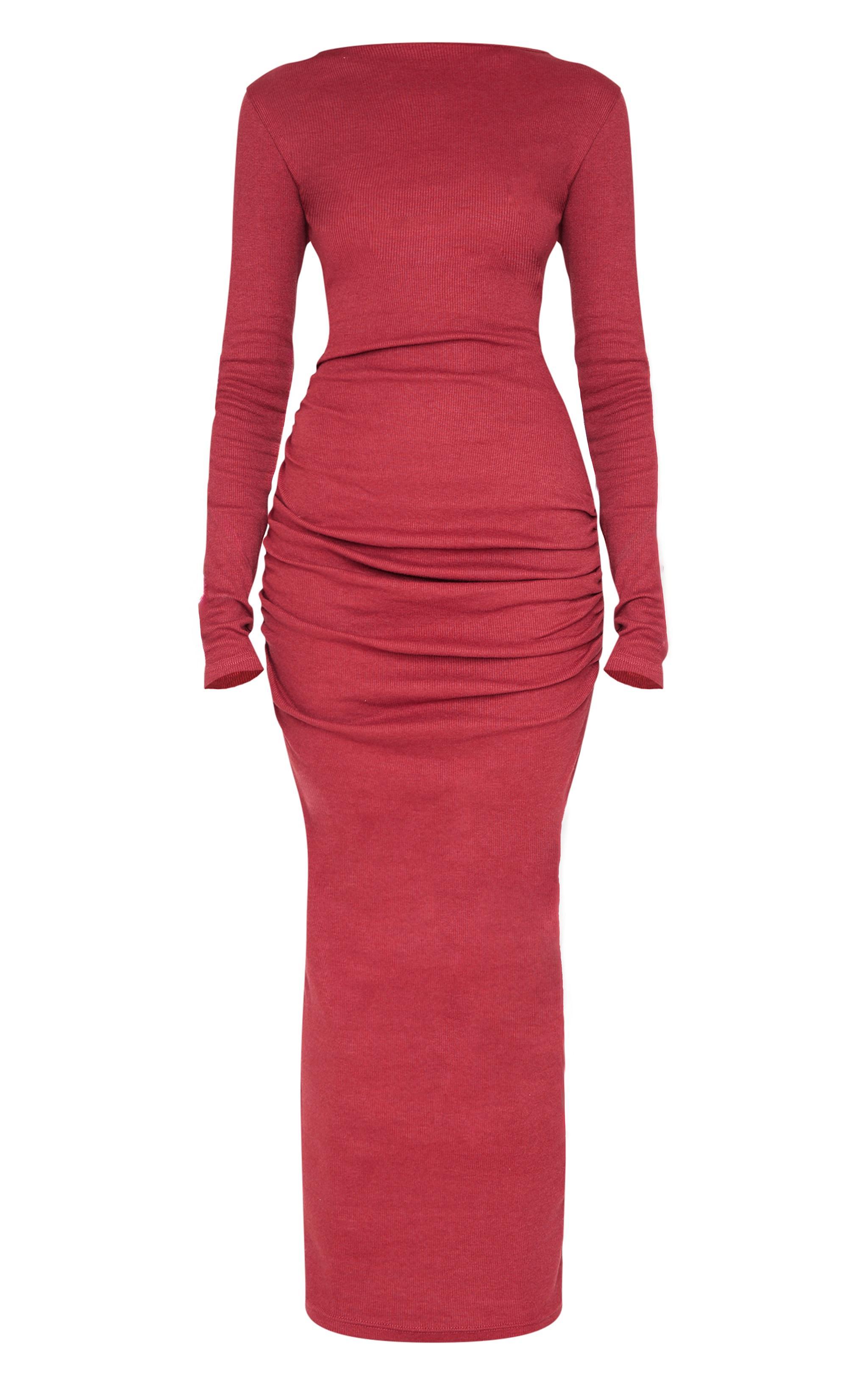 Burgundy Ribbed Ruched Detail Long Sleeve Maxi Product Image