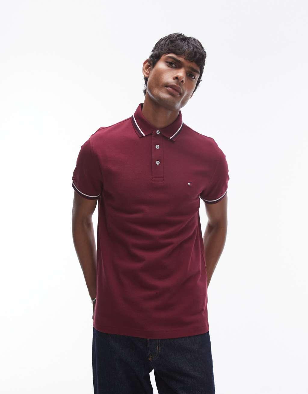 Tommy Hilfiger tipped slim fit polo shirt in burgundy Product Image