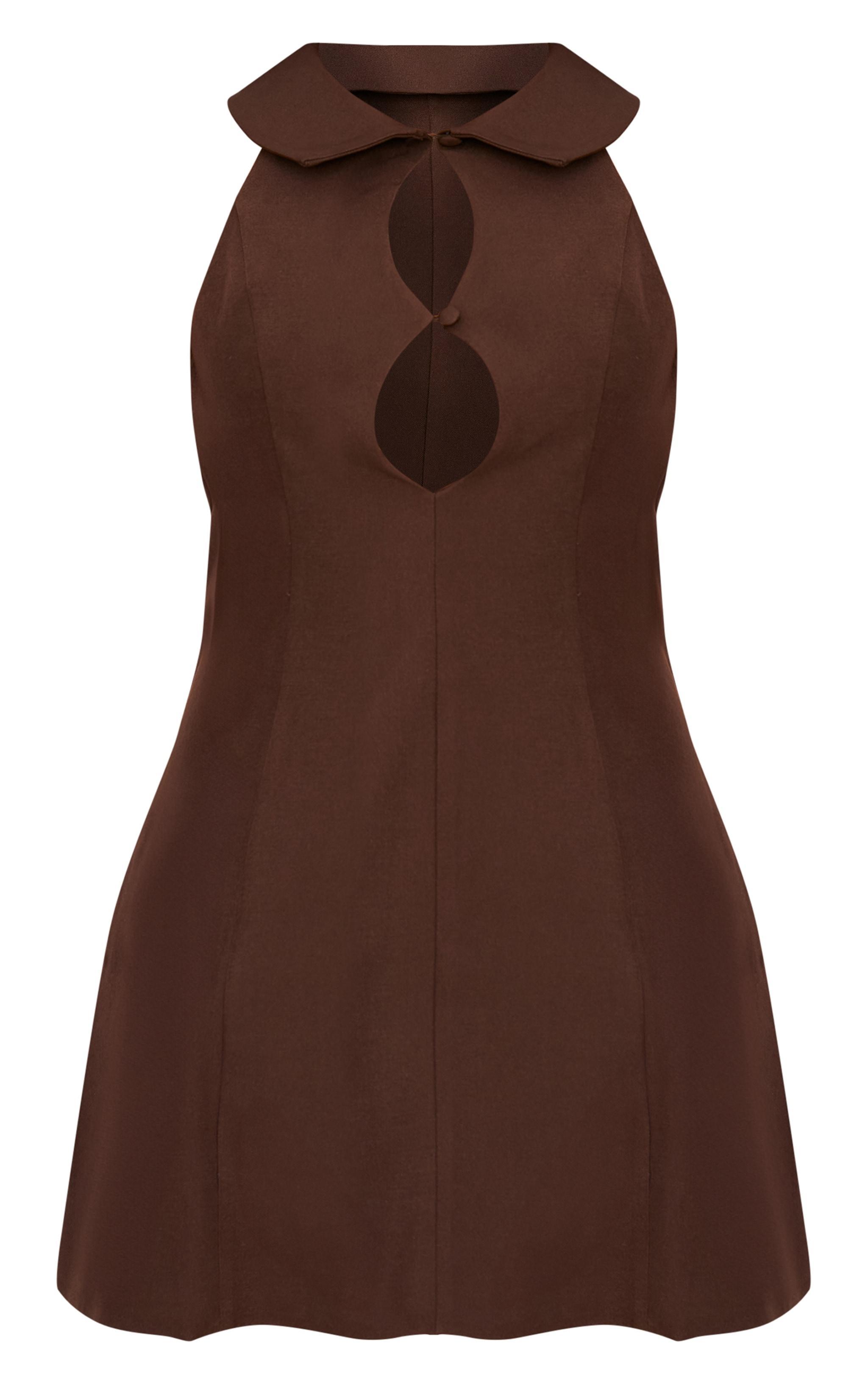 Chocolate Woven Collar Keyhole Detail Shift Dress Product Image