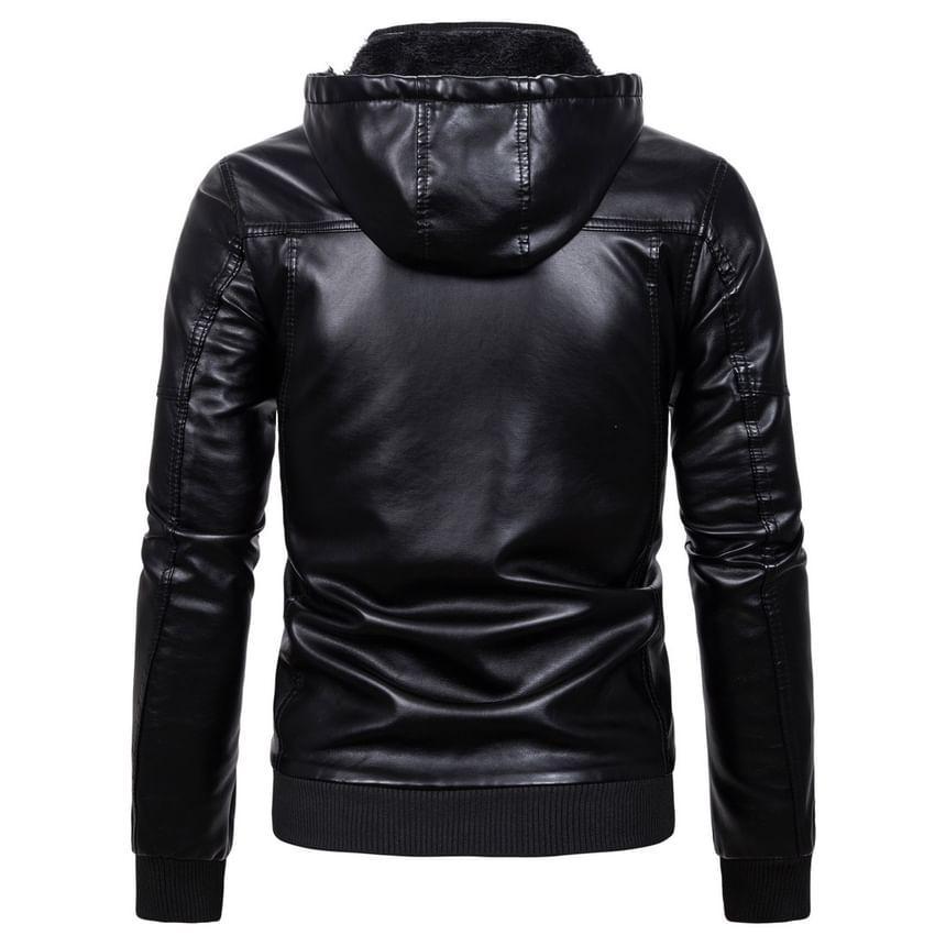 Hooded Fleece-Lined Faux Leather Zip Jacket Product Image