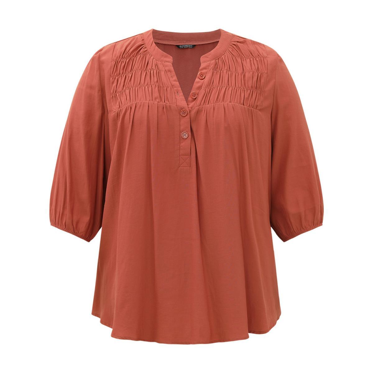 Plus Size Chocolate Plain Notched Button Through Elastic Cuffs Shirred Blouse Women Office Elbow-length sleeve V-neck Office Blouses BloomChic 14-16/1X Product Image