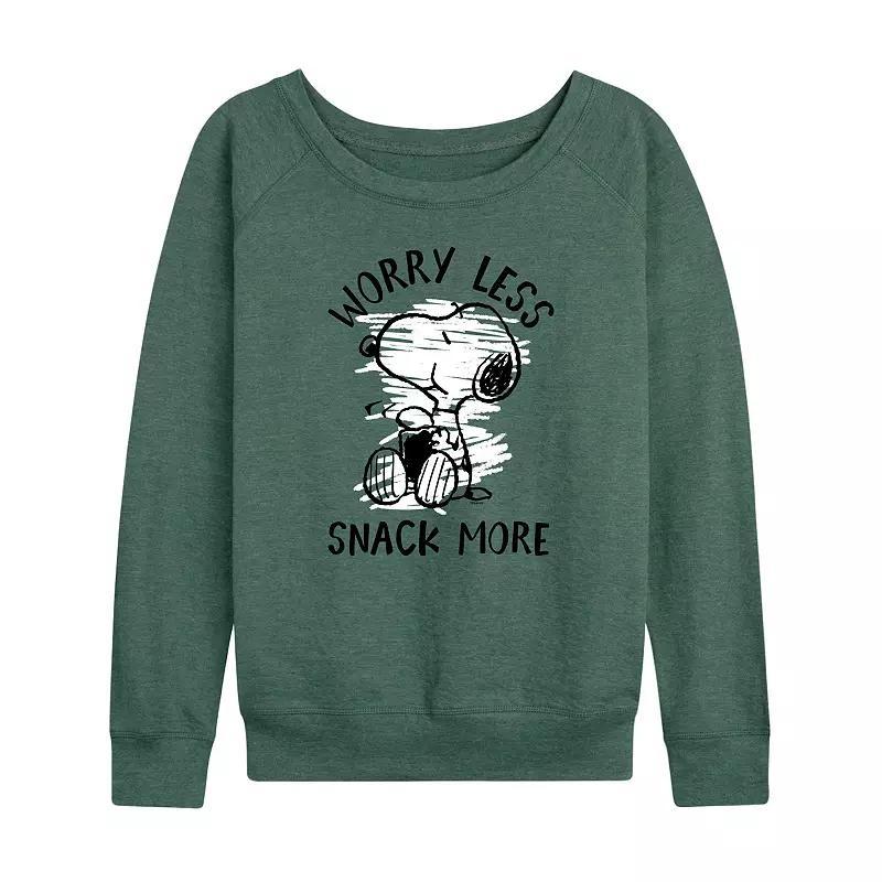 Womens Peanuts Snoopy Worry Less Snack More Lightweight French Terry Sweatshirt, Girls Grey Juniper Green Product Image