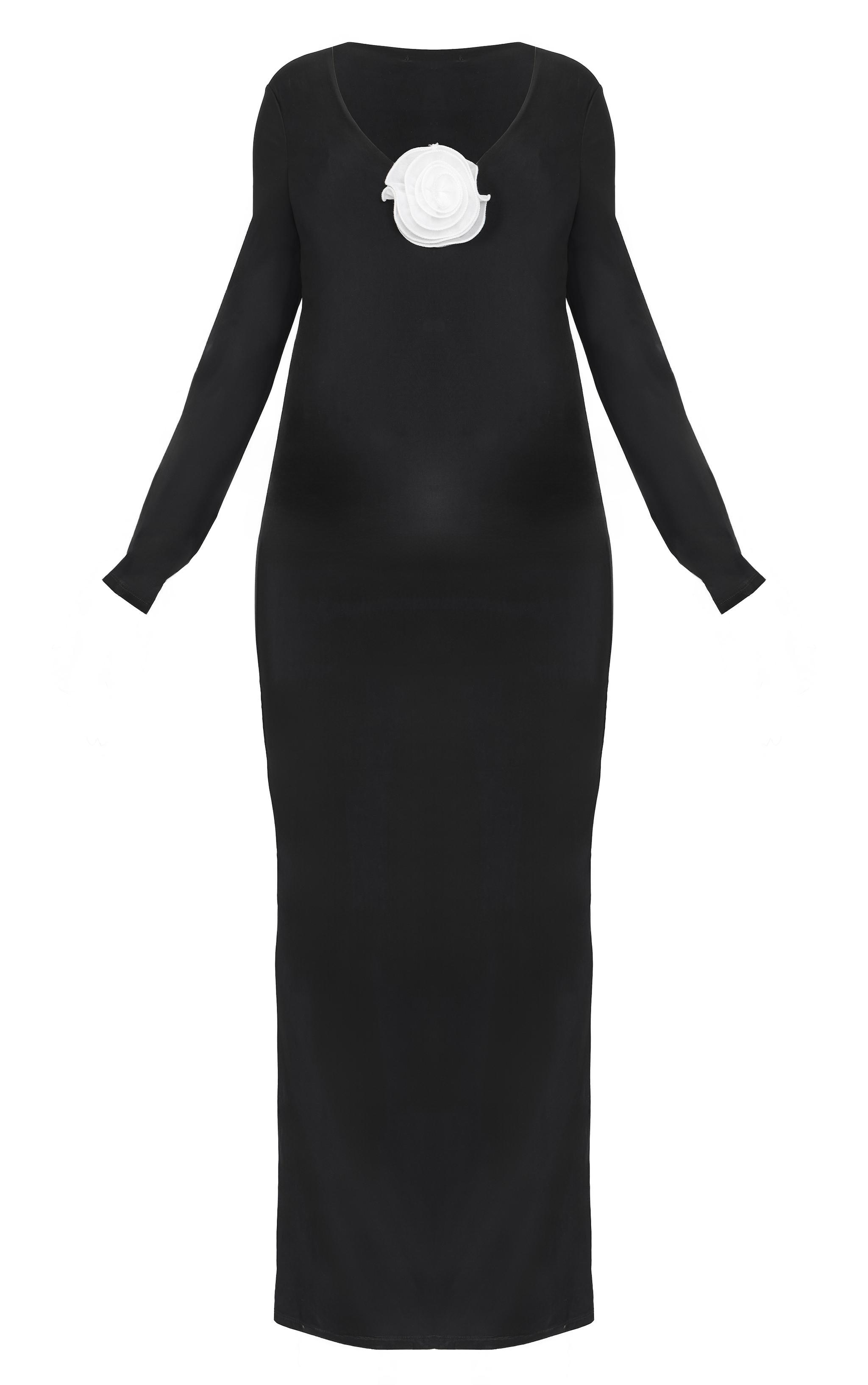 Maternity Black Rose Detail Long Sleeve Maxi Dress Product Image