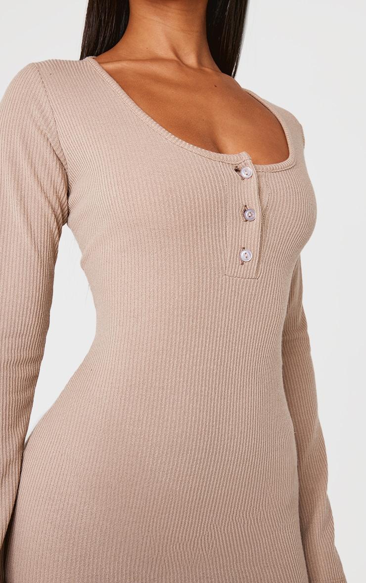 Petite Taupe Long Sleeve Brushed Rib Button Detail Midi Dress Product Image