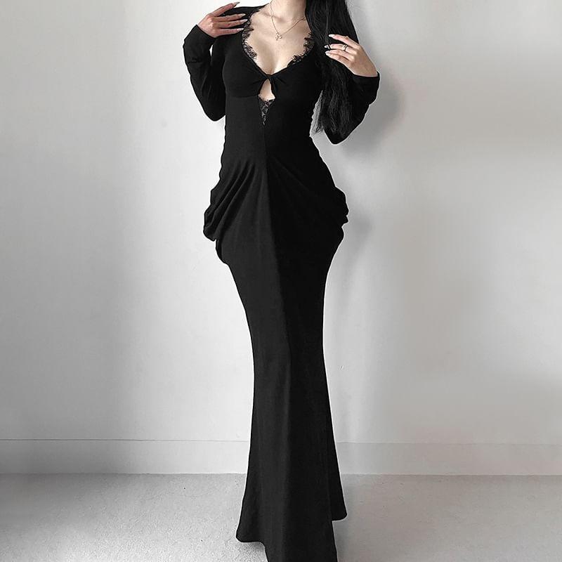 Long-Sleeve V-Neck Plain Cutout Lace Panel Maxi Sheath Dress Product Image