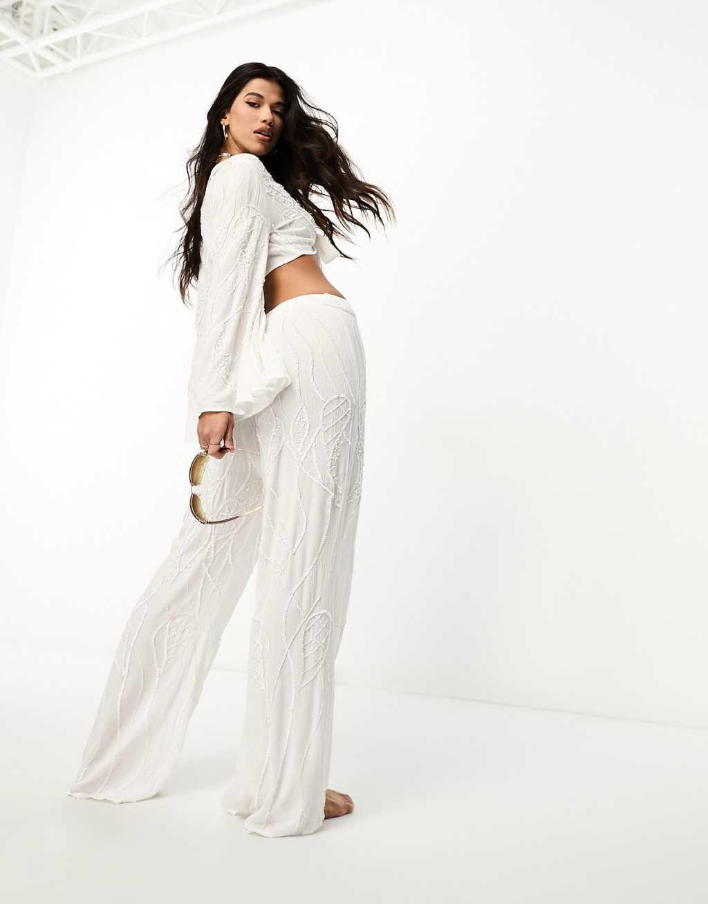 ASOS DESIGN premium embellished wide leg beach pants Product Image