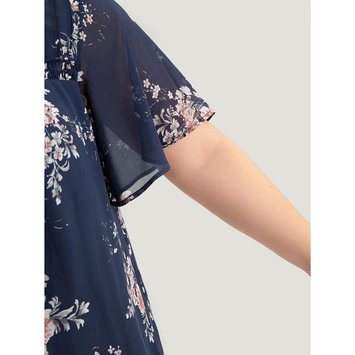 Plus Size Burgundy Floral Print Frill Trim Shirred Flutter Sleeve Blouse Women Elegant Short sleeve Round Neck Dailywear Blouses BloomChic 30/6X Product Image