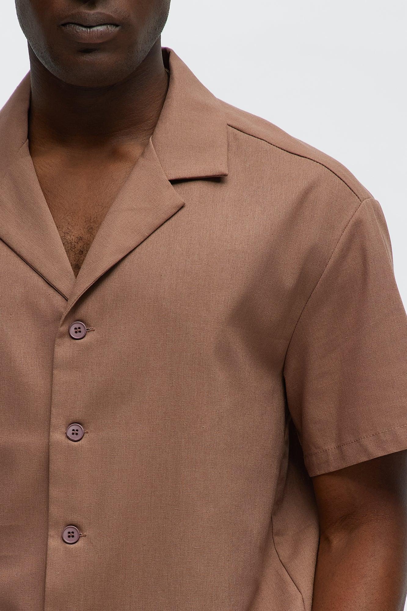 Chai Linen Like Cuban Collar Button Up Shirt - Brown Male Product Image