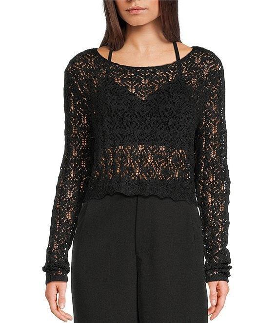 Double Zero Scoop Neck Long Sleeve Crochet Sweater Top Product Image