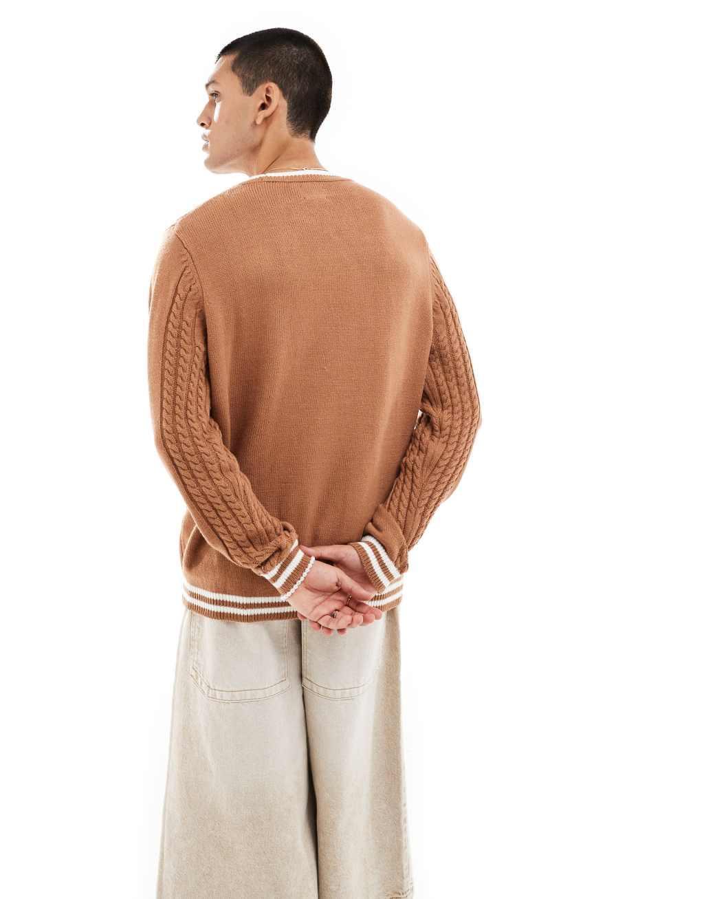 ASOS DESIGN knit cable sweater in brown with contrast trims and embroidery Product Image