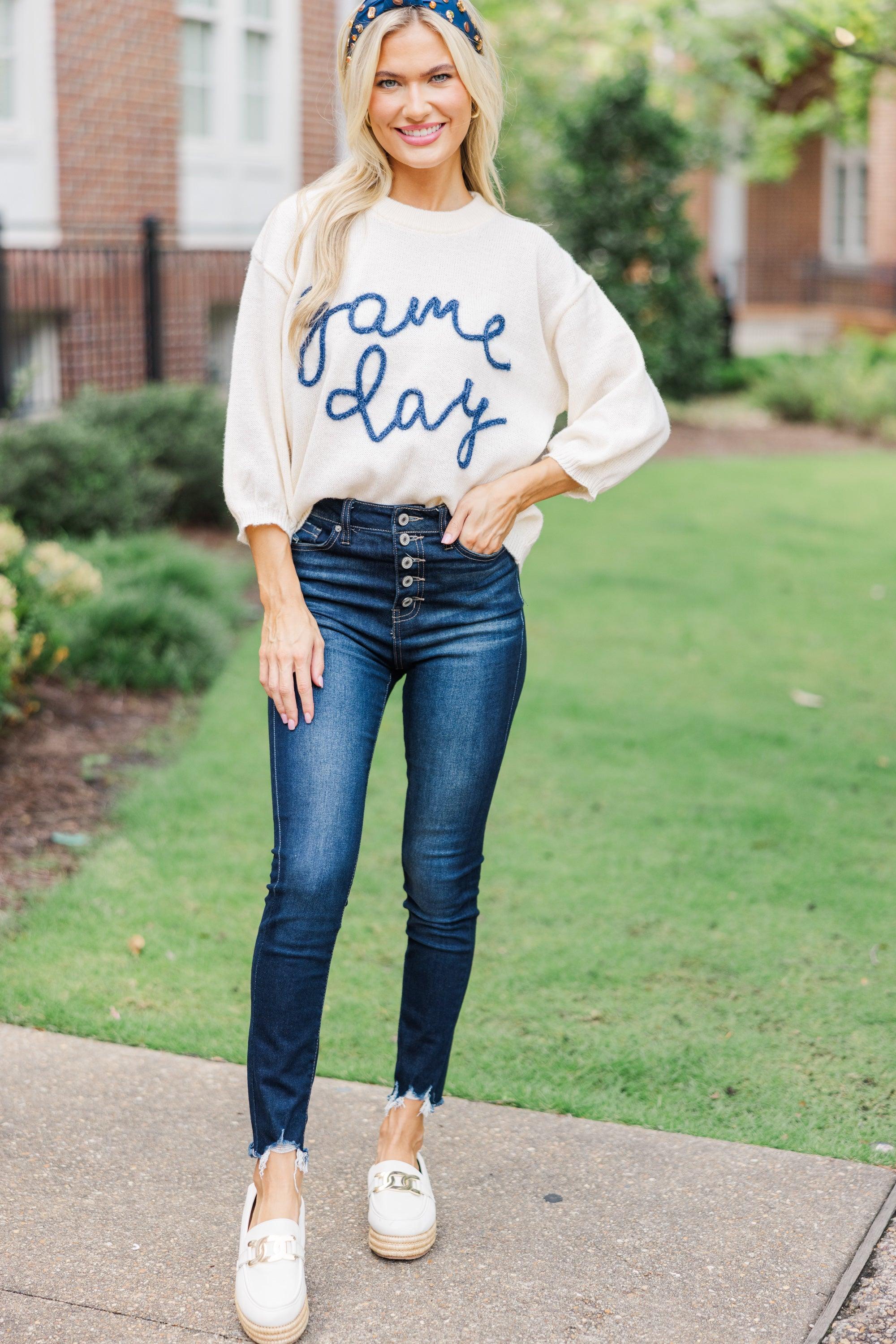 It's Game Day Ivory/Navy Puff Sleeve Sweater Female Product Image