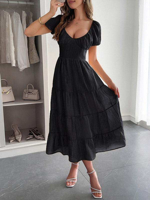 A-Line Loose Backless Pleated Solid Color Tied V-Neck Midi Dresses Product Image