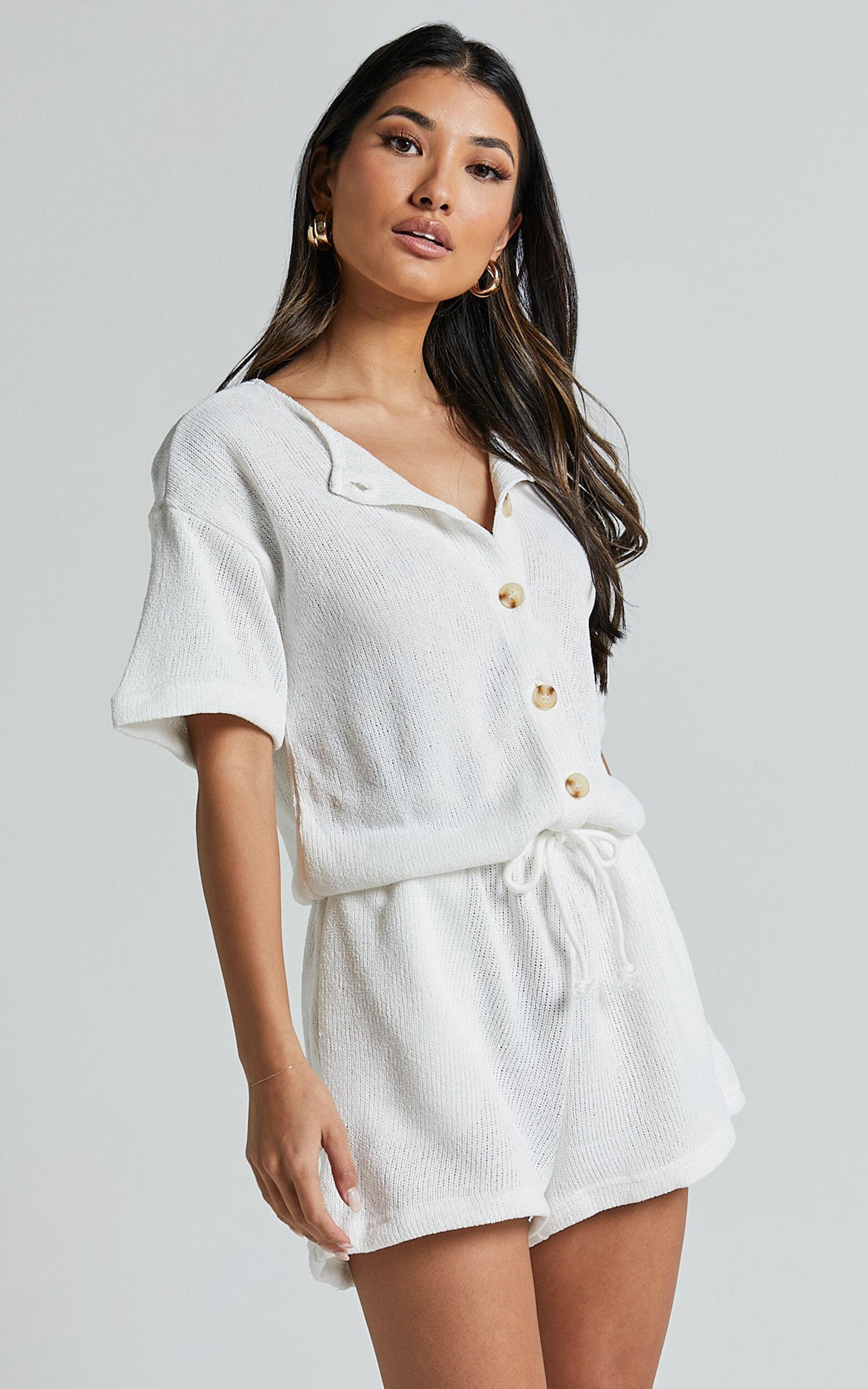 Edeline Playsuit - Button Front Short Sleeve Drawstring Waist in Off White Product Image