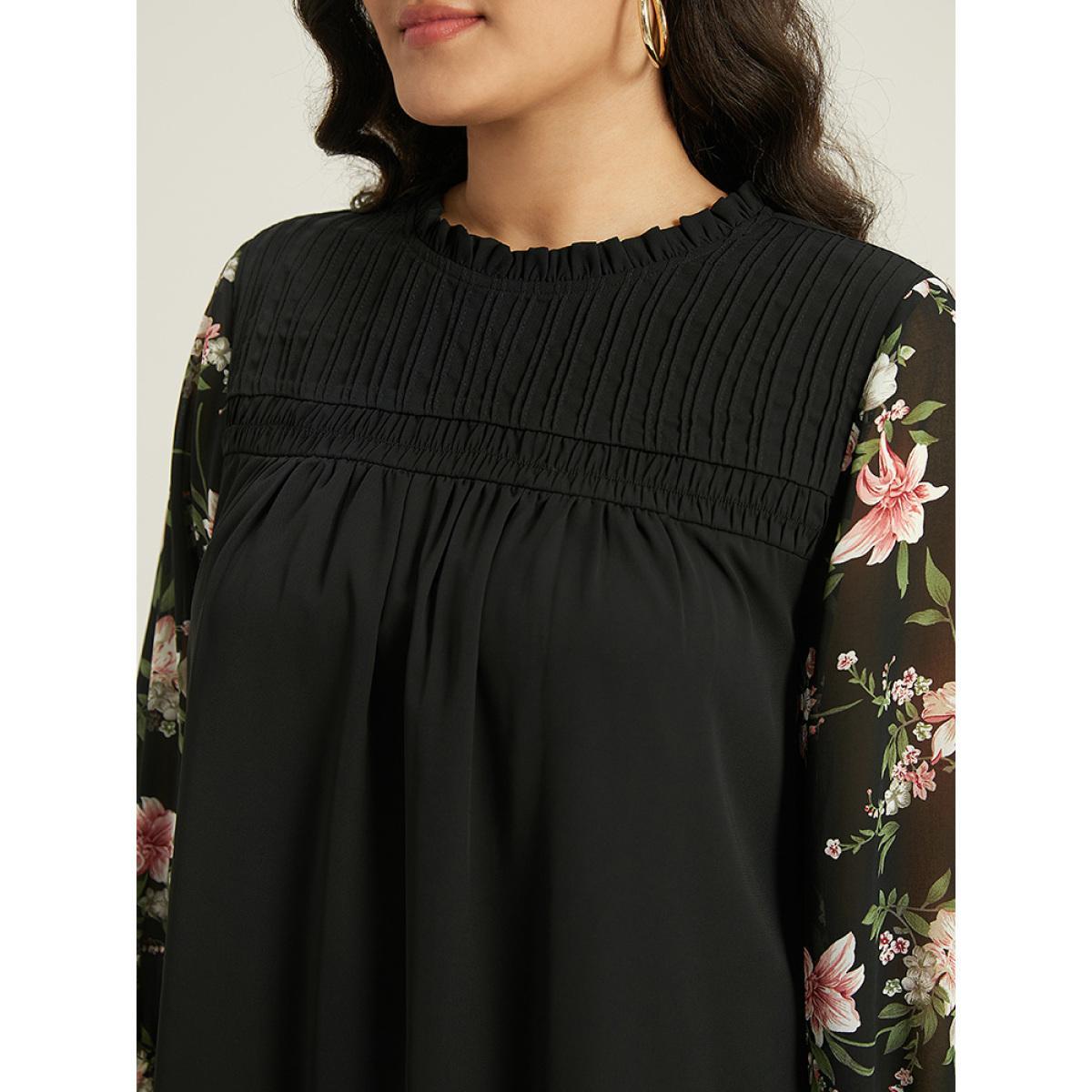 Plus Size Black Twill Floral Patchwork Shirred Mesh Frill Trim Blouse Women Elegant Long Sleeve Stand-up collar Dailywear Blouses BloomChic 26/4X Product Image