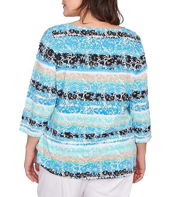 Ruby Rd. Plus Size Soft Jersey Knit Mixed Floral Watercolor Stripe Boat Neck 3/4 Sleeve Top Product Image