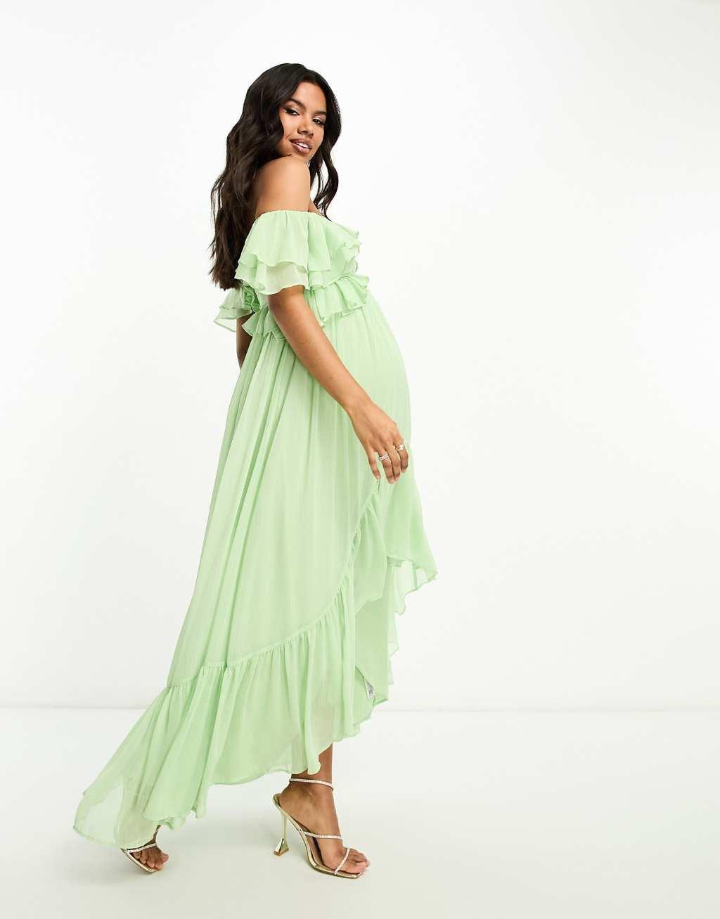 ASOS DESIGN Maternity ruffle cut out off the shoulder maxi dress with hi low hem in sage green Product Image