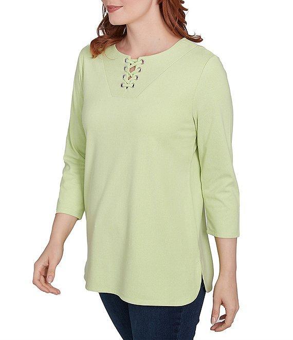 Ruby Rd. Knit 3/4 Sleeve Split V-Neck Lacing Rib Top Product Image