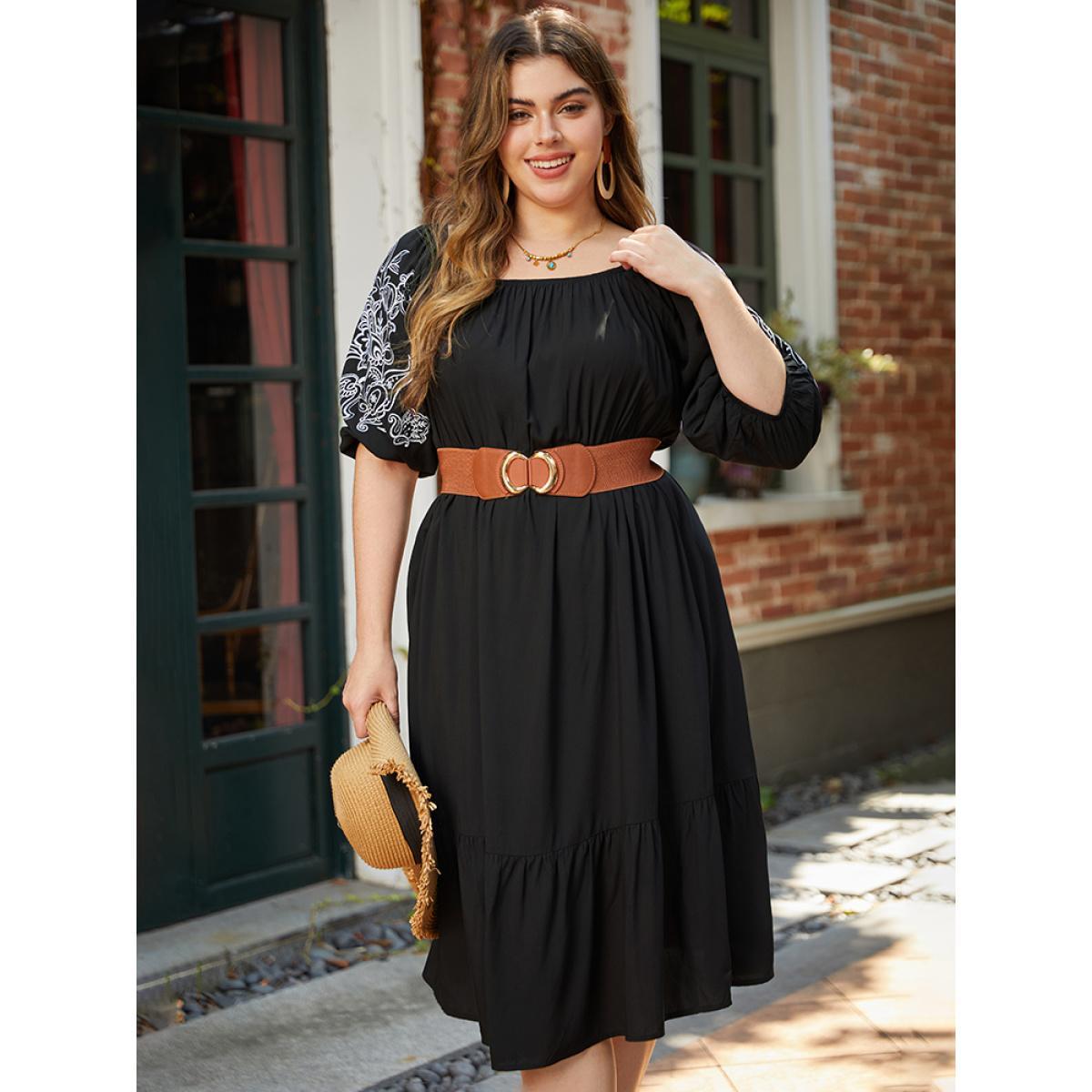Plus Size Floral Embroidered Pocket Square Neck Lantern Sleeve Dress Black Women Vacation Adjustable Straps Square Neck Half Sleeve Curvy Midi Dress BloomChic 18-20/2X Product Image