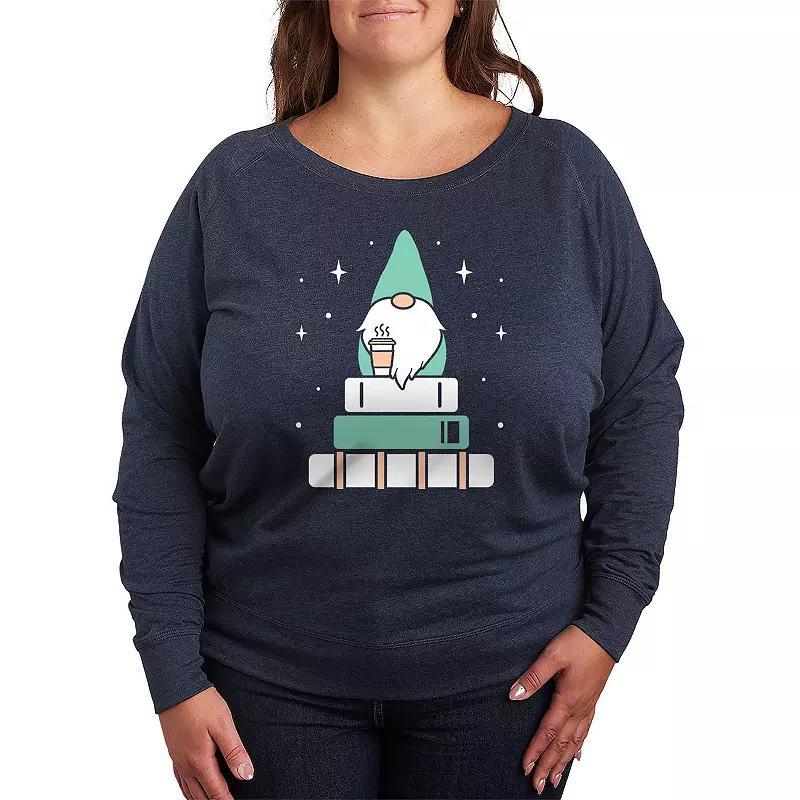 Plus Size Gnome with Coffee and Books French Terry Long Sleeve Tee, Women's, Size: 1XL, Grey Indigo Product Image