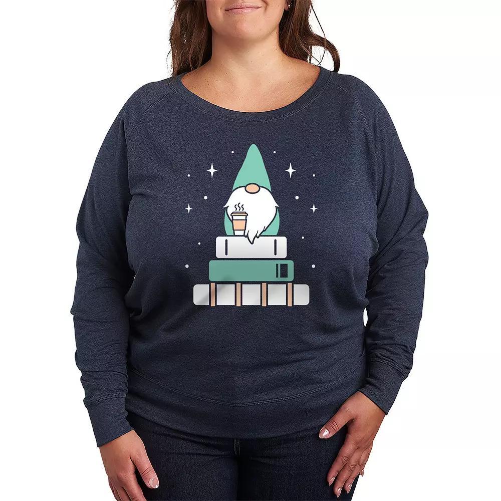 Plus Size Gnome with Coffee and Books French Terry Long Sleeve Tee, Women's, Size: 1XL, Grey Indigo Product Image