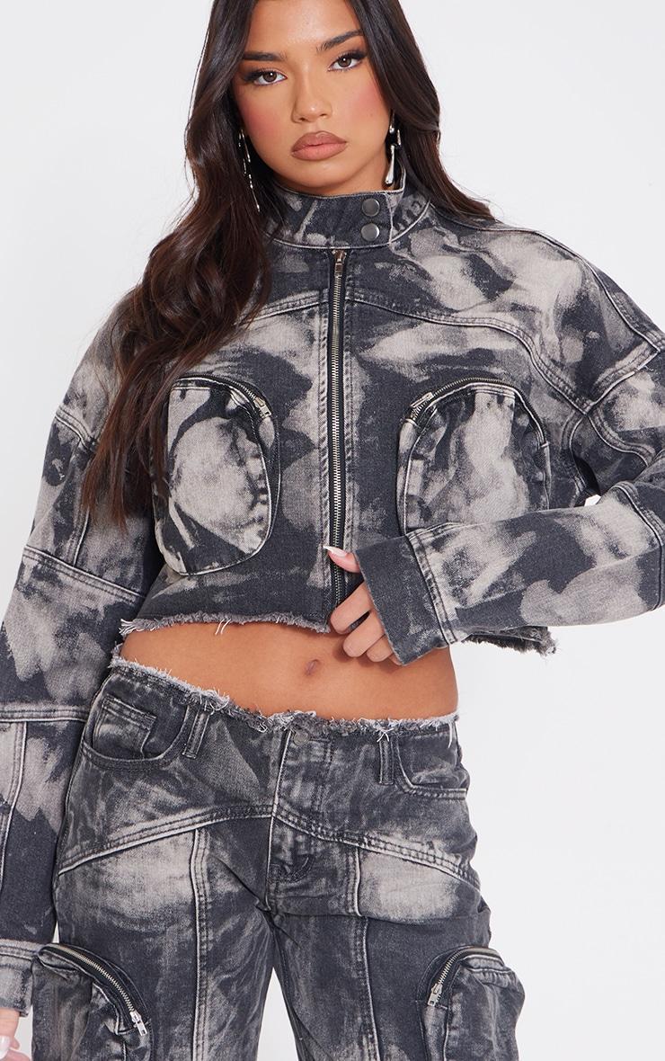 Washed Black Bleach Detail Cargo Denim Jacket Product Image