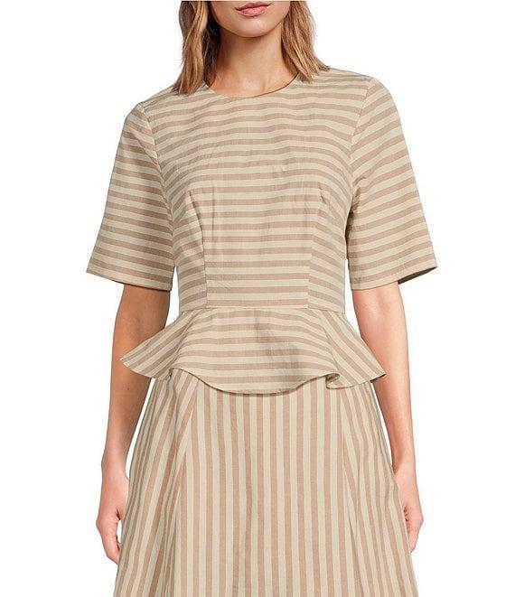 COREY LYNN CALTER Yolanda Woven Stripe Print Round Neck Short Sleeve Coordinating Peplum Top Product Image