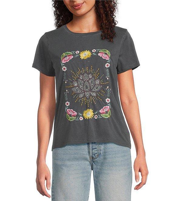 Lucky Brand Beaded Lotus Crew Neck Short Sleeve Tee Shirt Product Image