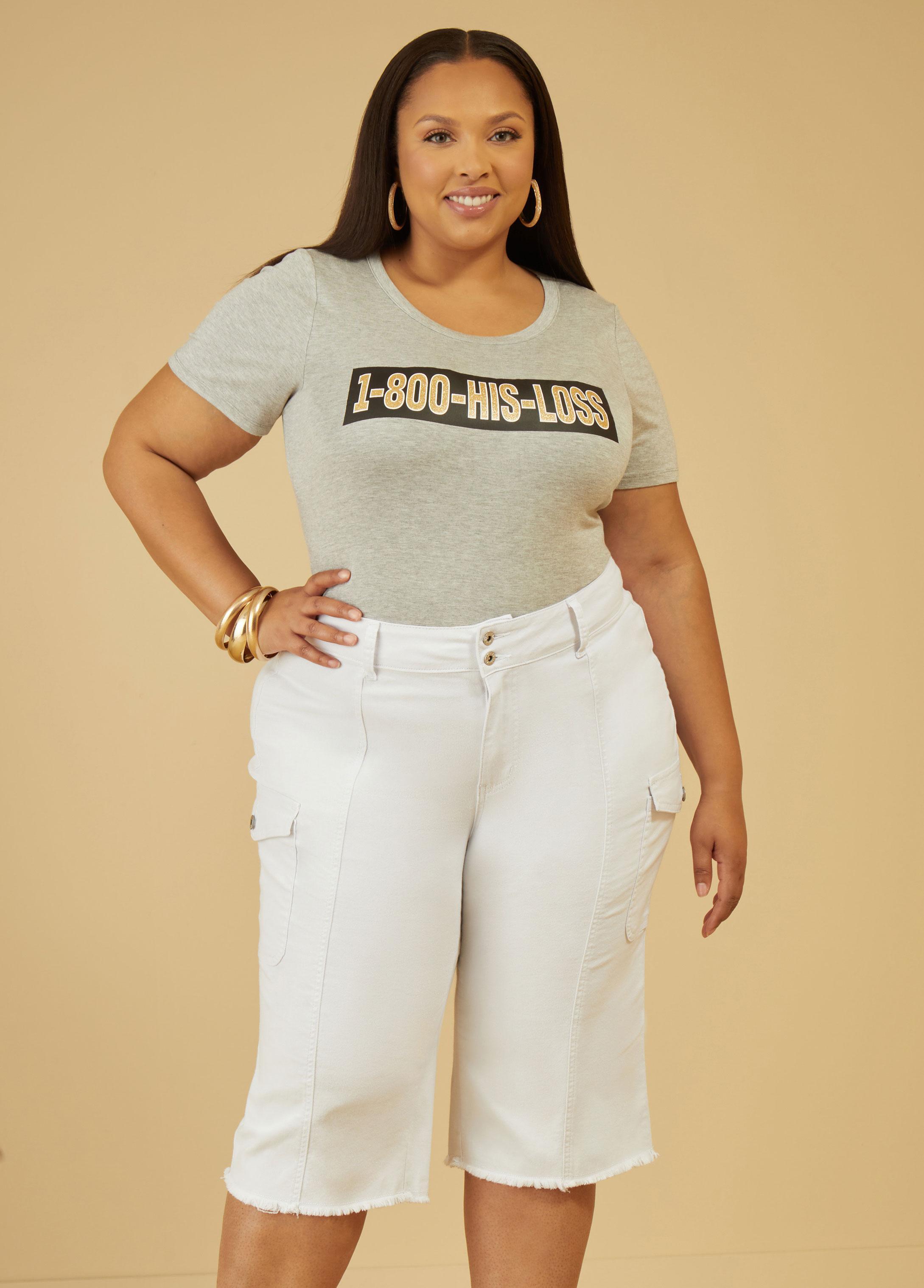 Plus Size Frayed Denim Cargo Capris Ashley Stewart Product Image