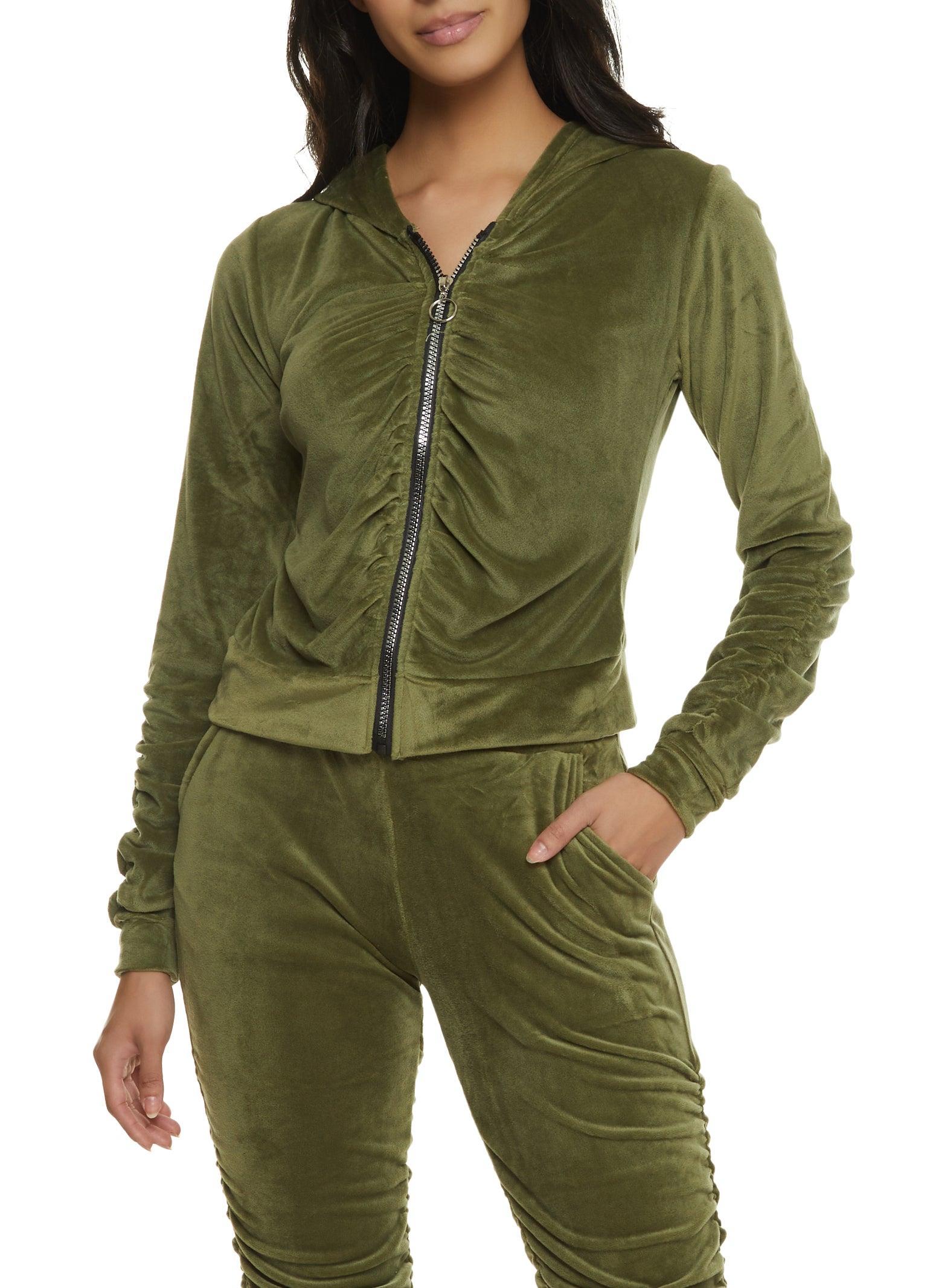 Womens Solid Velour Ruched Zip Front Hoodie Product Image